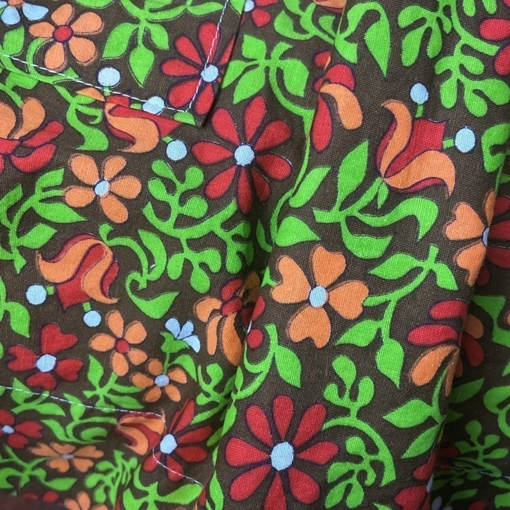 Vintage Handmade Apron Attached Towel Front Pocket Back Tie Green Orange Pink